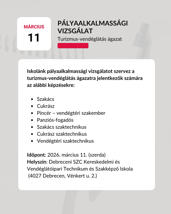 Pályaalkalmassági vizsgálat – Turizmus-vendéglátás ágazat